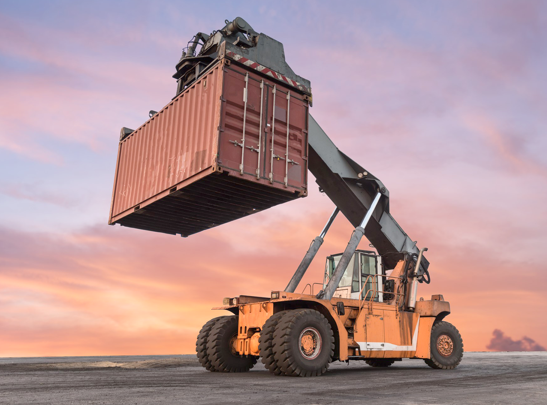 Forklift Handling Container Box Loading At The Docks With Truck