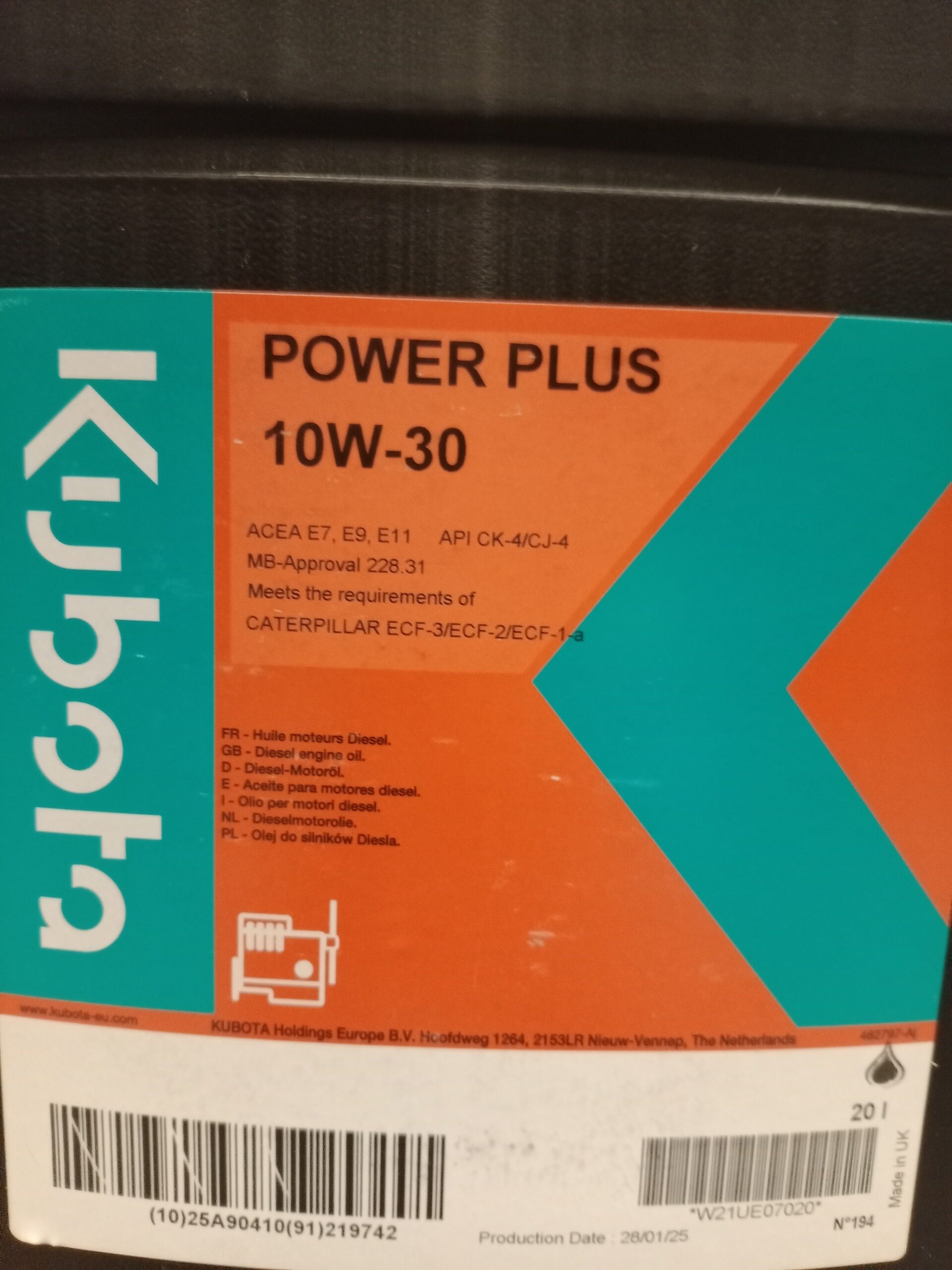 KUBOTA ENGINE OIL POWERPLUS 10W-30 (20L) - Image 2